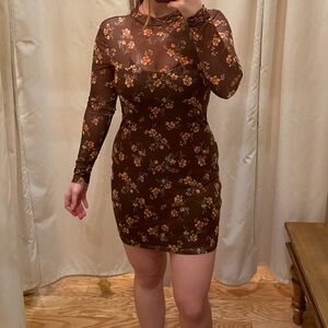 Francesca’s Floral Brown Long Sleeve Mini Dress Size Medium